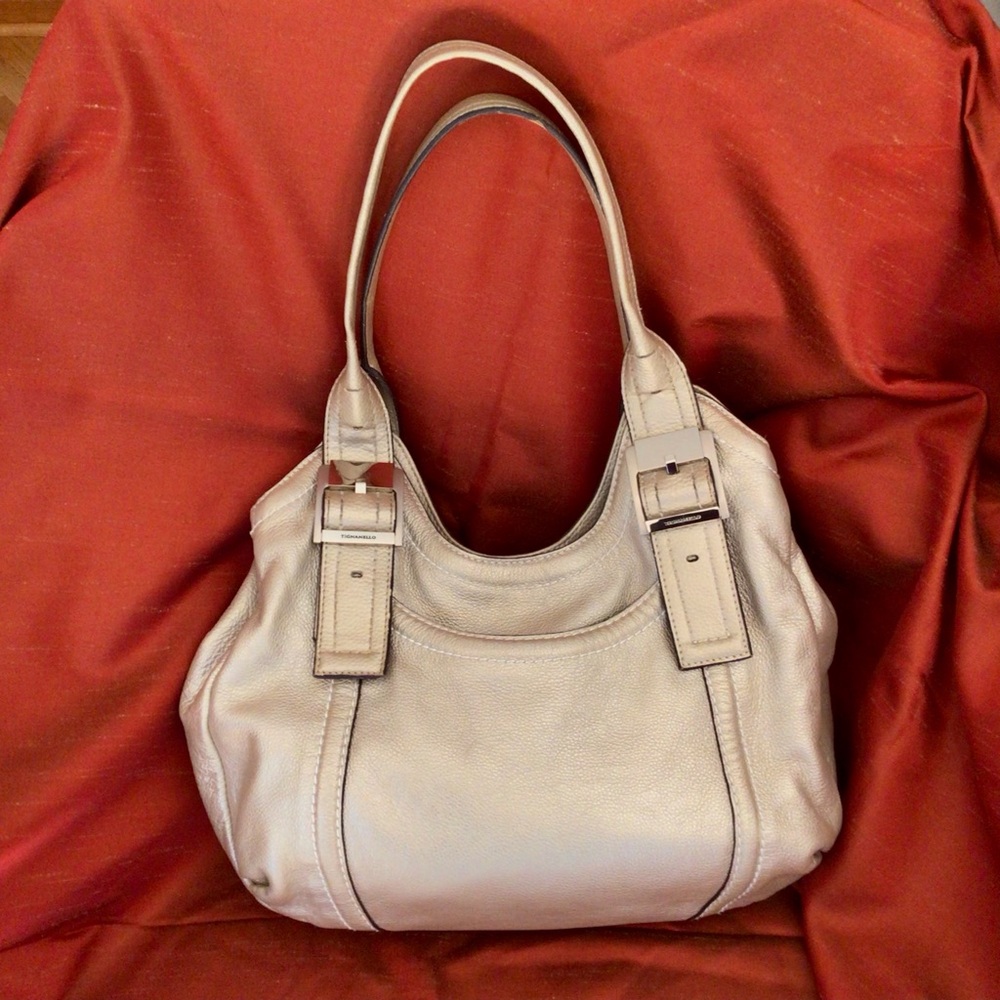 Tignanello Silver/Champagne Leather Tote Bag